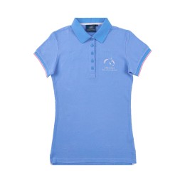 Customized blue women's short-sleeved Polo shirt, embroidered LOGO, contrasting sleeve edges, 5-button chest, right-angle sleeves P1559 Customized blue women's short-sleeved Polo shirt, embroidered LOGO, contrasting sleeve edges, 5-button chest, right-angle sleeves P1559